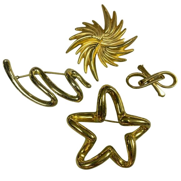 Vintage 60s Gold Tone Brooches - Star, Squiggle, Sunburst, Bow Knot - Art Deco, - Picture 1 of 9